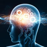 Un'immagine concettuale che mostra una mente umana stilizzata con ingranaggi luminosi che si interconnettono con circuiti di intelligenza artificiale, simboleggiando la co-creazione e l'apprendimento potenziato. Prime lens, 50mm, depth of field, illuminazione drammatica con toni blu caldi e arancioni freddi per rappresentare l'armonia tra umano e tecnologia.