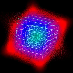 Visualizzazione 3D astratta di nanoparticelle magnetiche che emettono segnali colorati all'interno di un campo di vista di uno scanner MPI, con alcuni segnali che 'traboccano' in modo evidente nelle aree adiacenti, illustrando l'effetto spillover. Illuminazione da studio controllata, lente macro 90mm, alta definizione per evidenziare la dispersione del segnale.