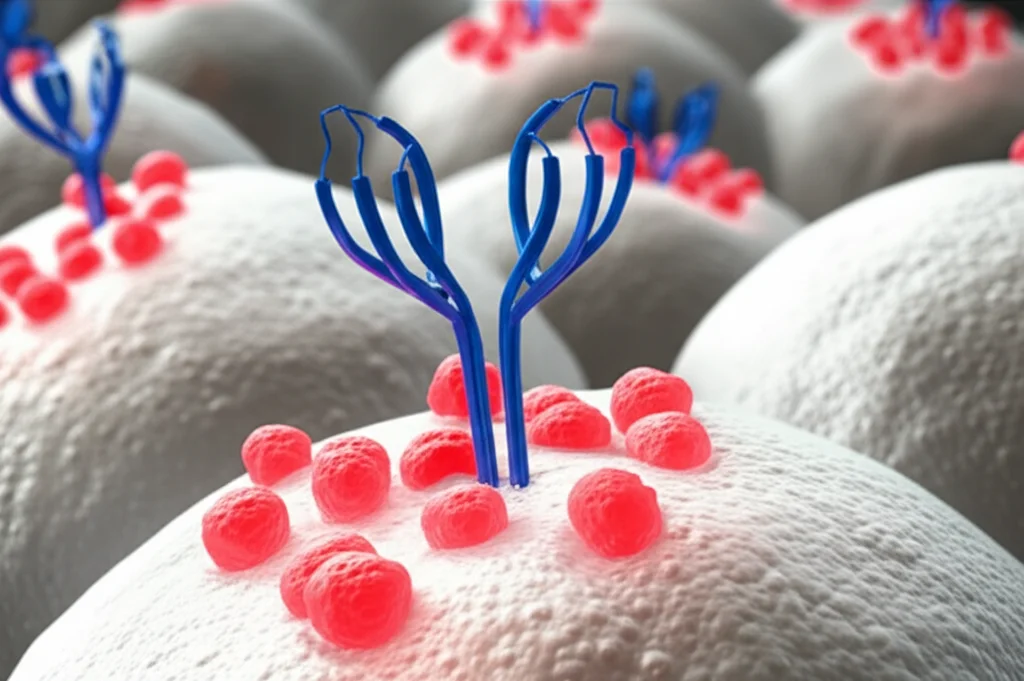 Visualizzazione 3D fotorealistica di anticorpi (strutture a Y blu) che si legano specificamente a recettori (strutture rosa) sulla superficie di cellule tumorali (sfere grigie texturizzate). Profondità di campo, illuminazione drammatica laterale, obiettivo prime 35mm, per evidenziare l'interazione molecolare chiave nella terapia antitumorale.