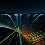 Visualizzazione 3D fotorealistica di una fondazione a nastro interrata nel terreno, con linee di flusso dati simili a una rete neurale che convergono su di essa analizzandone la stabilità. Illuminazione drammatica, obiettivo 50mm, high detail.