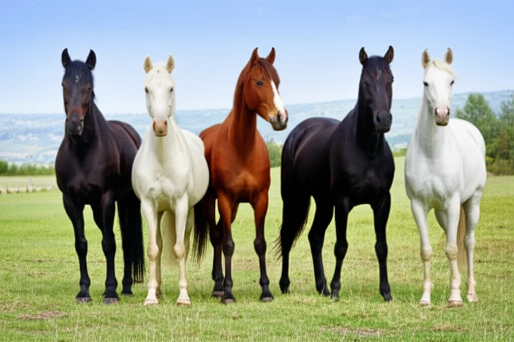 A group of five distinct Italian horse breeds standing in a scenic Italian landscape, wide-angle lens, 24mm, sharp focus.