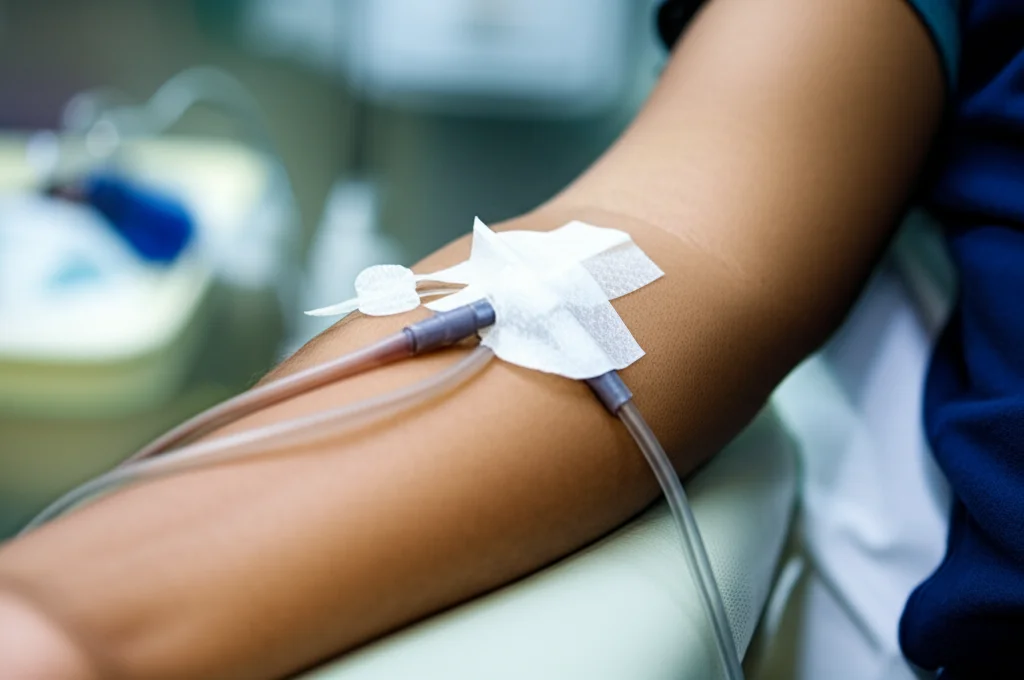 Close-up portrait, 35mm lens, depth of field, showing a patient's arm with a hemodialysis access point, medical setting in background, controlled lighting.