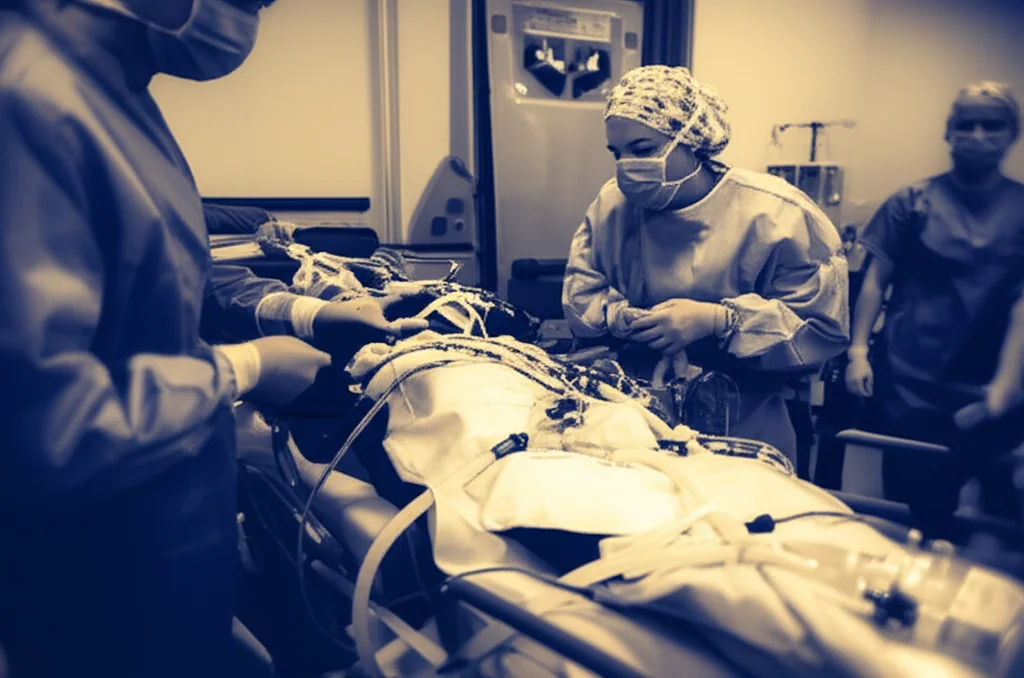 Fotografia ad alto impatto di un'equipe medica che lavora con urgenza attorno a un paziente in un ambiente extra-ospedaliero scarsamente illuminato, forse un'ambulanza o una sala d'emergenza improvvisata. Il focus è sulla macchina ECMO portatile e sulle mani esperte dei medici. Obiettivo prime 24mm per un effetto immersivo, stile film noir con contrasti forti e ombre profonde, duotone seppia e blu scuro per accentuare la drammaticità e la tecnologia.