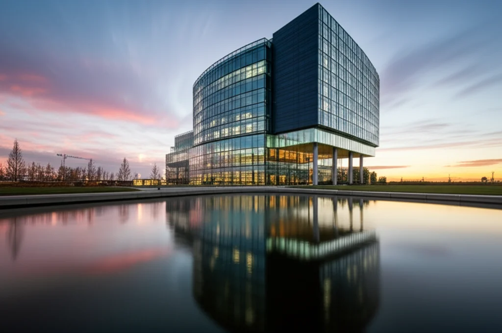 Immagine grandangolare di un moderno edificio per uffici di una società biotech al tramonto, obiettivo 10mm, lunga esposizione per nuvole sfumate e acqua liscia in una fontana antistante, messa a fuoco nitida sull'architettura, che simboleggia l'intersezione tra business, scienza avanzata e le decisioni strategiche come le acquisizioni nel settore.