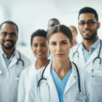 Photorealistic portrait, 35mm lens, diverse group of people representing patients and researchers in a modern clinical trial setting, hopeful expressions, shallow depth of field.