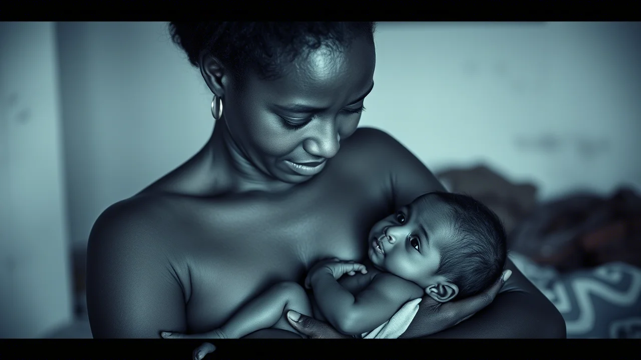 Ritratto fotografico di una madre dell'Africa Orientale che culla dolcemente il suo neonato, entrambi con un'espressione serena e guardano verso l'obiettivo. Obiettivo da ritratto 35mm, illuminazione soffusa e naturale, duotone blu e grigio per un effetto emotivo e artistico, profondità di campo per isolare i soggetti dallo sfondo leggermente sfocato di un ambiente domestico semplice.