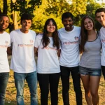 Un gruppo di giovani volontari internazionali sorridenti, di diverse etnie, che lavorano insieme in un progetto di riqualificazione di un'area giochi per bambini in una cittadina ungherese. Scatto con obiettivo da 50mm, luce calda del sole pomeridiano, effetto bokeh leggero per enfatizzare i soggetti e l'atmosfera positiva.