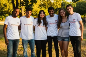 Un gruppo di giovani volontari internazionali sorridenti, di diverse etnie, che lavorano insieme in un progetto di riqualificazione di un'area giochi per bambini in una cittadina ungherese. Scatto con obiettivo da 50mm, luce calda del sole pomeridiano, effetto bokeh leggero per enfatizzare i soggetti e l'atmosfera positiva.
