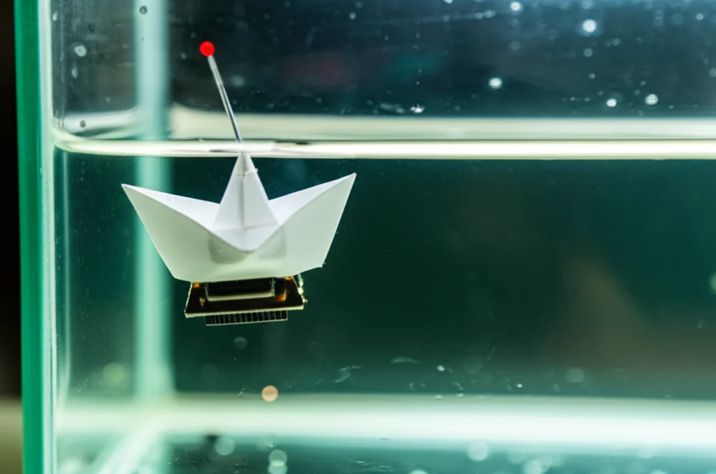 Un piccolo robot acquatico commestibile, a forma di barchetta stilizzata, che naviga sulla superficie calma dell'acqua in un acquario ben illuminato. Macro lens, 80mm, high detail, precise focusing, controlled lighting, con goccioline d'acqua visibili sulla sua superficie.