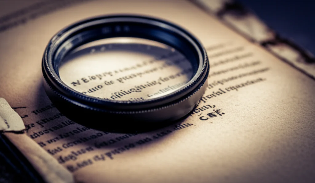Un primo piano di una lente d'ingrandimento che esamina un testo filosofico antico, con un effetto di luce che ne rivela dettagli nascosti, simboleggiando l'analisi profonda della fenomenologia. Obiettivo macro 60mm, alta definizione, illuminazione controllata per enfatizzare la texture della carta e dell'inchiostro.