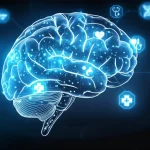 Un'immagine concettuale che rappresenta l'integrazione di ChatGPT nel settore sanitario: un cervello umano stilizzato con circuiti digitali luminosi che si interconnettono con icone mediche (stetoscopio, cuore, DNA). Obiettivo prime da 50mm, profondità di campo per sfocare leggermente lo sfondo, illuminazione cinematografica con toni caldi (lato umano) e freddi (lato AI) per un effetto high-tech ma che sottolinea l'interazione.