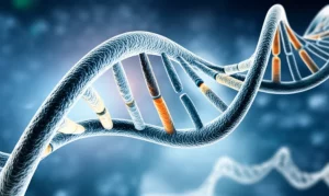 Visualizzazione artistica di una doppia elica di DNA con segmenti luminosi che rappresentano varianti genetiche patogeniche, su uno sfondo scuro che simboleggia cellule di sarcoma. Illuminazione drammatica con effetto "bokeh", obiettivo macro 90mm, alta definizione, per illustrare il concetto di difetti nei percorsi di riparazione del DNA.