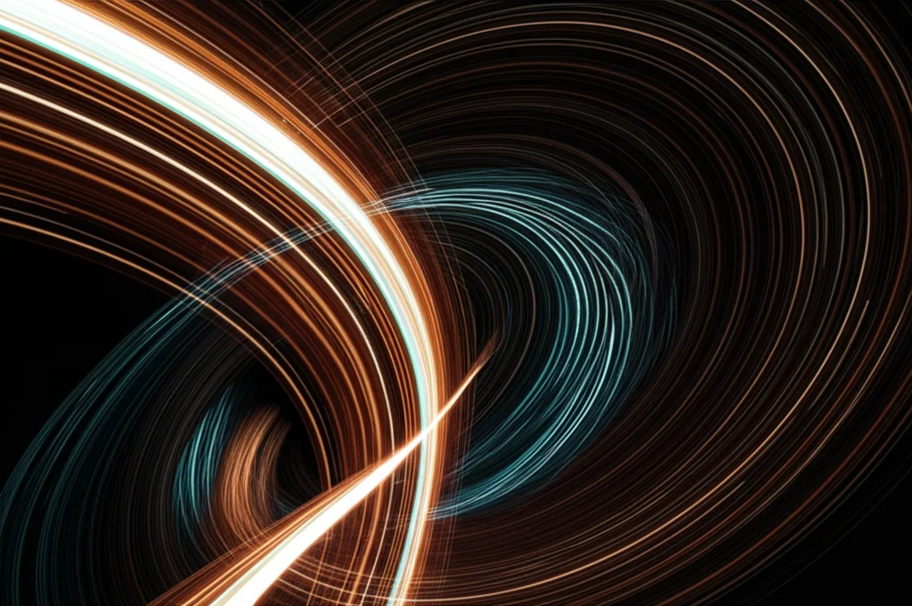 Visualizzazione artistica di un'onda complessa tridimensionale con effetti di ritardo che si evolve verso una forma liscia e definita, rappresentante un attrattore esponenziale. Obiettivo grandangolare 20mm, lunga esposizione per scie luminose, focus nitido sull'attrattore.