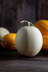 Composizione still life di diverse Cucurbitaceae (melone retato, cetriolo lungo, zucca butternut, anguria baby) disposte artisticamente su un tavolo di legno rustico, luce naturale morbida proveniente da una finestra laterale, obiettivo 50mm prime f/1.8, alta definizione, focus selettivo sul melone in primo piano con gocce d'acqua sulla buccia.