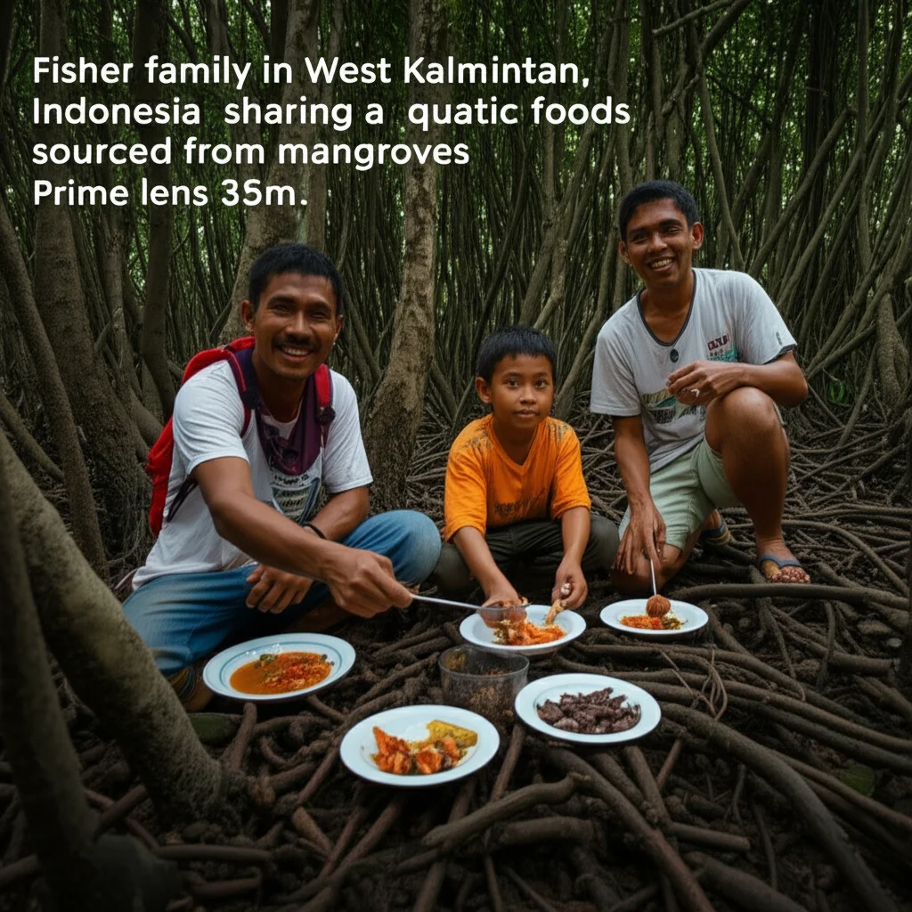 Fisher family in West Kalimantan, Indonesia, sharing a meal of aquatic foods sourced from mangroves, Prime lens, 35mm, Depth of field, controlled lighting.
