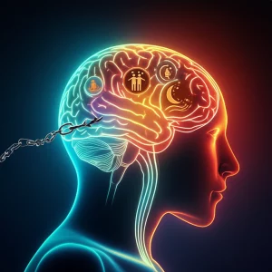 Immagine concettuale astratta che rappresenta le diverse motivazioni dietro l'uso di benzodiazepine, una mente stilizzata con percorsi luminosi che portano a simboli di sonno (luna/stelle), calma (onda tranquilla), socialità (figure stilizzate collegate) e dipendenza (catena spezzata), colori caldi (rosso/arancio per benefici/rischio) e freddi (blu/verde per calma/sonno) contrastanti, stile fotorealistico con texture dettagliate.