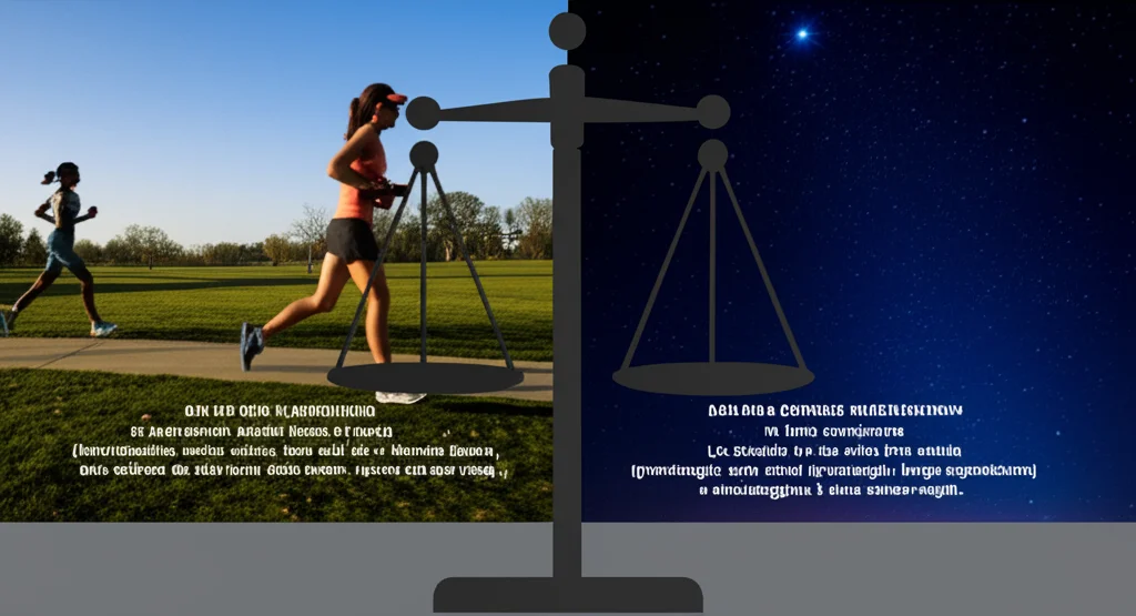 Immagine concettuale che rappresenta l'equilibrio tra attività fisica e riposo: una bilancia con da un lato una persona che fa jogging in un parco (teleobiettivo, scatto veloce, luce del sole) e dall'altro una persona che dorme serenamente in un letto confortevole (obiettivo prime 50mm, luce soffusa della luna dalla finestra, profondità di campo). Lo sfondo è un cielo diviso tra giorno e notte stellata (grandangolo, lunga esposizione) a simboleggiare il ciclo sonno-veglia.