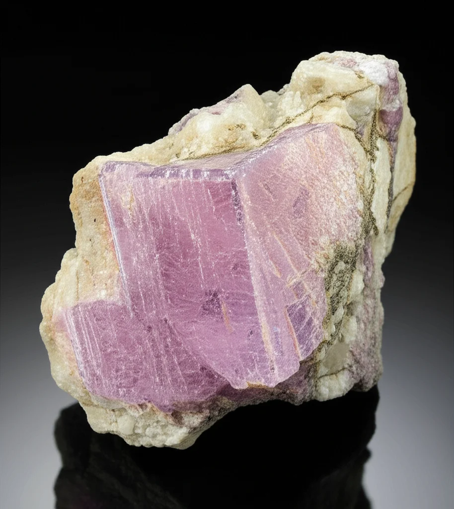 Lente primaria, 35 mm, profondità di campo, uno splendido esemplare di qualità del museo di pegmatite Varuträsk LCT, che mostra grandi cristalli di petalite, spodumene e possibilmente lepidolite, con una zona distinta, sotto l'illuminazione luminosa e uniforme.