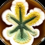 Macro lens, 100mm, high detail, controlled lighting: A vibrant Aspergillus colony growing on a petri dish, showing resilience against visible signs of cadmium stress.