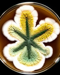 Macro lens, 100mm, high detail, controlled lighting: A vibrant Aspergillus colony growing on a petri dish, showing resilience against visible signs of cadmium stress.