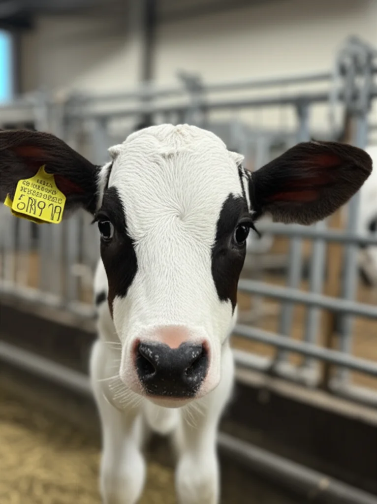 Primo piano fotorealistico di un giovane vitello Frisone in un ambiente di allevamento pulito e moderno, con focus sul suo sguardo attento, che simboleggia la ricerca scientifica sullo sviluppo precoce. Obiettivo prime 35mm, luce naturale diffusa.