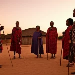 Un gruppo di pastori Himba e Herero, uomini e donne, in abiti tradizionali, riuniti in un villaggio rurale della Namibia settentrionale, impegnati in una discussione. La scena è illuminata dalla luce calda del tramonto, con capanne tradizionali sullo sfondo. Obiettivo da ritratto 35mm, profondità di campo che isola leggermente il gruppo dallo sfondo, toni caldi e terrosi.