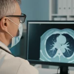 Un medico pneumologo, in un ambiente di studio medico moderno e ben illuminato, che esamina con attenzione una scansione TAC polmonare visualizzata su un monitor ad alta definizione. La TAC mostra chiaramente segni tipici della sarcoidosi, come linfonodi intratoracici ingrossati e infiltrati interstiziali diffusi. Lente prime 50mm, con profondità di campo che mette a fuoco il medico e lo schermo, sfocando leggermente lo sfondo per concentrare l'attenzione sull'analisi diagnostica.