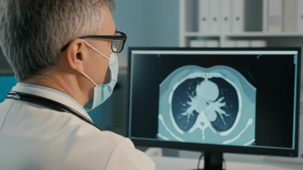 Un medico pneumologo, in un ambiente di studio medico moderno e ben illuminato, che esamina con attenzione una scansione TAC polmonare visualizzata su un monitor ad alta definizione. La TAC mostra chiaramente segni tipici della sarcoidosi, come linfonodi intratoracici ingrossati e infiltrati interstiziali diffusi. Lente prime 50mm, con profondità di campo che mette a fuoco il medico e lo schermo, sfocando leggermente lo sfondo per concentrare l'attenzione sull'analisi diagnostica.