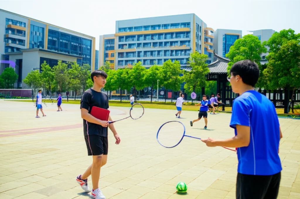 Una vivace scena di studenti universitari a Fuzhou che partecipano a varie attività sportive nel campus, alcuni giocano a badminton, altri a calcio, con un mix di architettura tradizionale cinese e moderna sullo sfondo, catturata con un obiettivo grandangolare da 10-24mm, luce diurna brillante, messa a fuoco nitida, senso di comunità e benessere.