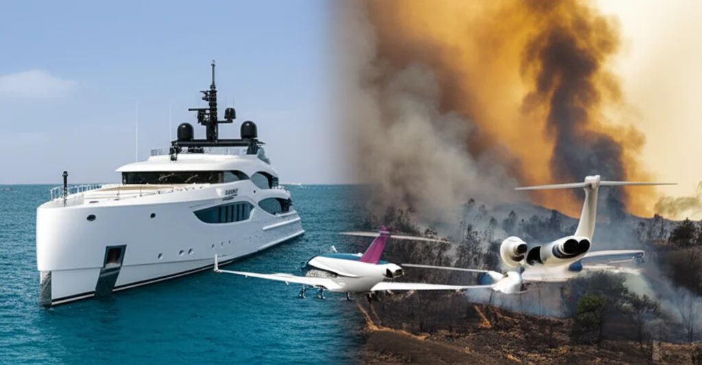 Un'immagine composita che mostra da un lato uno yacht di lusso e un jet privato, simboli di ricchezza, e dall'altro un paesaggio devastato da un incendio boschivo con fumo denso. Stile fotorealistico, obiettivo zoom 35mm, contrasto elevato tra le due scene, per illustrare il legame tra ricchezza e impatti climatici estremi.