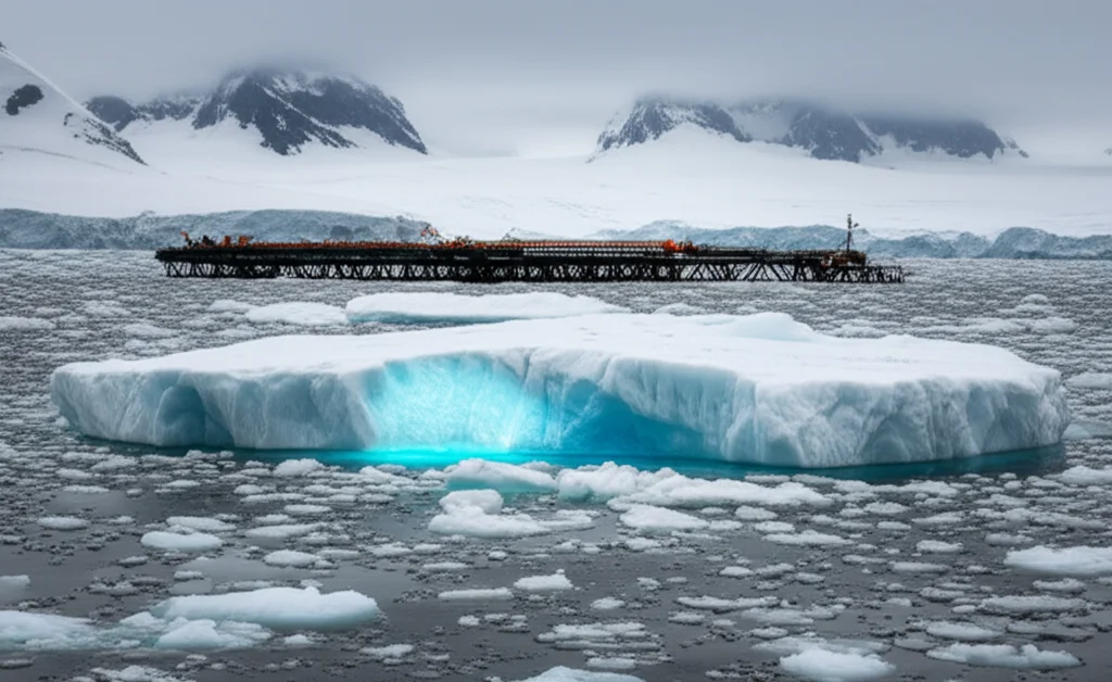 Un'immagine grandangolare di un paesaggio antartico con una piattaforma di ghiaccio che incontra l'oceano. In primo piano, una sezione trasversale schematica del ghiaccio rivela un canale subglaciale con acqua che scorre. Luce soffusa, atmosfera misteriosa. Wide-angle, 10-24mm, long exposure times, sharp focus.