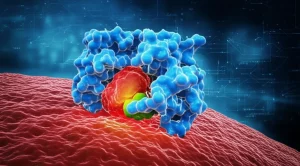 Visualizzazione 3D di una molecola di radioligando [68Ga]Ga-BiFAPI che si lega specificamente alla proteina FAP sulla superficie di una cellula tumorale, con il Gallio-68 che emette positroni per l'imaging PET, sfondo astratto high-tech, obiettivo macro 80mm, alta definizione, illuminazione drammatica.