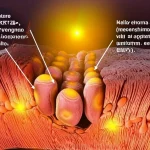 Visualizzazione 3D fotorealistica e dettagliata di una cripta del colon durante il processo di rigenerazione guidato da IFN-gamma. Si vedono chiaramente cellule superficiali mature (colonociti KRT20+, BMP2+) in apoptosi che vengono espulse nel lume (in alto). Più in basso, cellule progenitrici alla base della cripta si differenziano in nuovi colonociti (KRT20+, BMP2-). Nello stroma sottostante (mesenchima), fibroblasti attivati (cellule allungate) appaiono luminosi, indicando alta produzione di HGF (rappresentato come un alone o sfere luminose arancioni/gialle) che invia segnali verso l'epitelio in rigenerazione. L'immagine combina dettagli cellulari scientificamente accurati con un senso di dinamismo, comunicazione intercellulare e profondità. Illuminazione drammatica ma chiara, stile cinematografico scientifico.