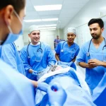 Wide-angle, 24mm lens, un team eterogeneo di professionisti sanitari (medici, infermieri) che collaborano in un pronto soccorso moderno e affollato, trasmettendo lavoro di squadra e dedizione alla cura del paziente, sfondo leggermente sfocato per enfatizzare il team in primo piano.
