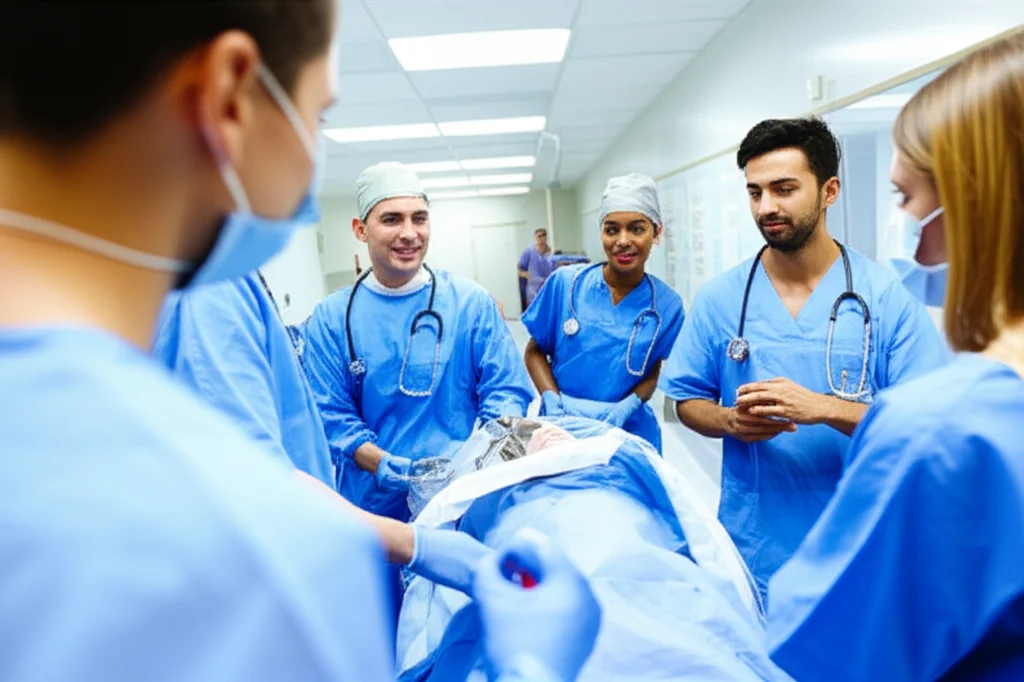 Wide-angle, 24mm lens, un team eterogeneo di professionisti sanitari (medici, infermieri) che collaborano in un pronto soccorso moderno e affollato, trasmettendo lavoro di squadra e dedizione alla cura del paziente, sfondo leggermente sfocato per enfatizzare il team in primo piano.