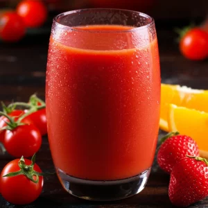 Fotografia macro realistica, obiettivo 85mm, high detail. Un bicchiere trasparente colmo di succo rosso-arancio (pomodoro e frutta mista) con gocce di condensa, posizionato su un tavolo di legno rustico. Accanto al bicchiere ci sono pomodori ciliegino maturi, fragole fresche e spicchi d'arancia. Illuminazione laterale controllata che crea ombre morbide e mette in risalto la texture del succo e della frutta. Precise focusing sul bicchiere.