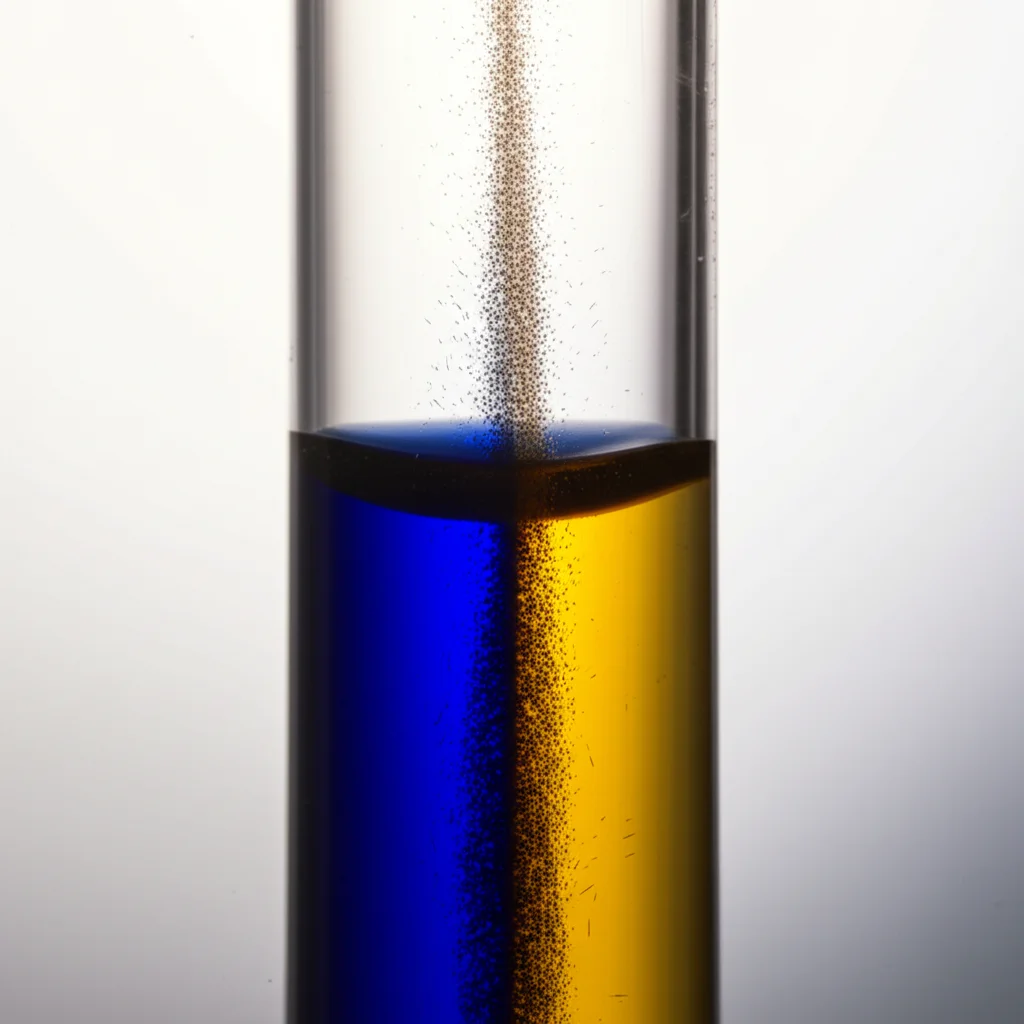 Immagine fotorealistica di una beuta da laboratorio contenente una soluzione di litio in ammoniaca liquida, con una netta separazione visiva tra una fase blu elettrolitica e una fase bronzo-dorata metallica, suggerendo la transizione. Lente macro 60mm, illuminazione da laboratorio controllata, alta definizione, focus selettivo sulla linea di interfaccia tra le due fasi.