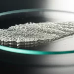 Immagine macro fotorealistica di un campione di tessuto di nucleo polposo allogenico processato, pronto per l'uso clinico, su una superficie sterile in un ambiente di laboratorio. Macro lens, 100mm, high detail, precise focusing, controlled lighting.