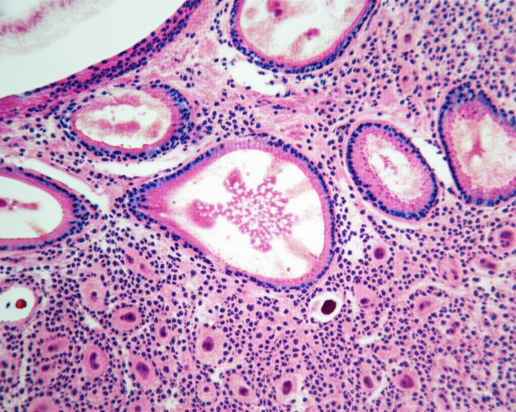 Macro lens, 105mm, high detail, precise focusing, controlled lighting, microscopic view of a kidney biopsy slide showing cellular detail and potential signs of inflammation or damage.