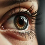 Macro shot of an eyedrop on a realistic eye surface, illustrating the challenge of drug delivery.