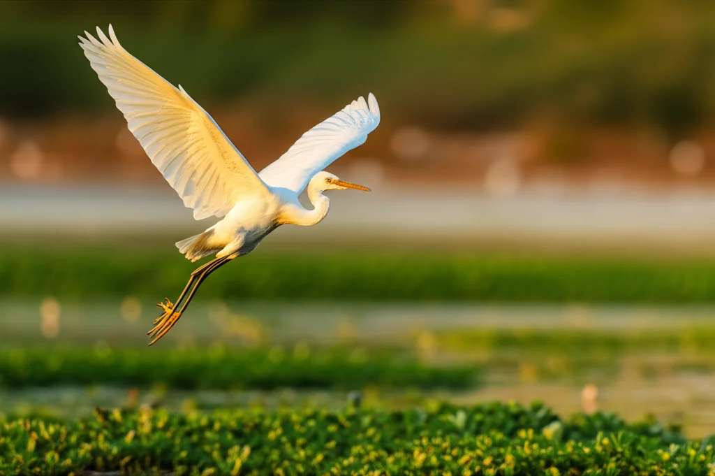 Un Airone guardabuoi (Bubulcus ibis) in volo radente su una zona umida dell'Odisha, India, al mattino presto. Telephoto zoom 200mm, fast shutter speed per congelare il movimento delle ali, action tracking, luce dorata dell'alba, sfondo di vegetazione acquatica e acqua calma, high detail sulle piume.
