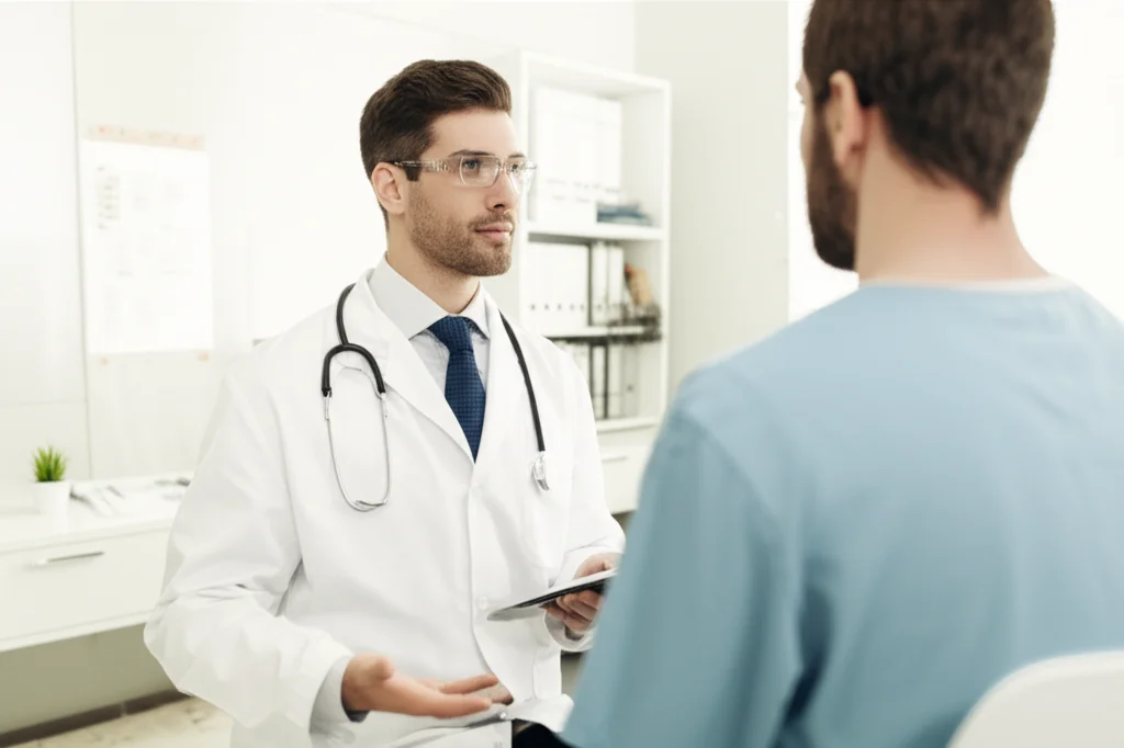 Un medico empatico in camice bianco discute un piano di cura personalizzato con un paziente diabetico di mezza età in un ambulatorio luminoso in Arabia Saudita. Lente prime 50mm, profondità di campo che sfoca leggermente lo sfondo, luce naturale, espressioni positive.
