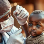 Un operatore sanitario somministra gocce di farmaco antimalarico a un bambino piccolo in un villaggio africano. L'immagine è un ritratto con obiettivo da 35mm, con una leggera profondità di campo per mantenere il focus sui soggetti principali, i colori sono vividi ma naturali, con una luce calda del tardo pomeriggio che crea un'atmosfera di speranza.