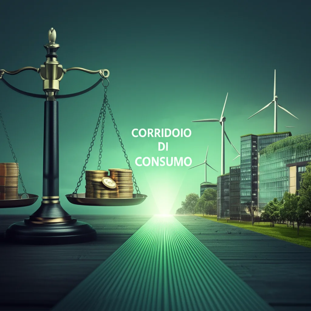 Un'immagine composita che simboleggia l'equilibrio tra consumo, equità e ambiente nel Regno Unito. A sinistra, una bilancia con piatti che rappresentano i consumi dei ricchi e dei poveri, tendente verso l'equità. A destra, un paesaggio urbano britannico con elementi verdi e sostenibili (turbine eoliche, tetti verdi). Al centro, il concetto di 'corridoio di consumo' visualizzato come un sentiero luminoso. Prime lens, 35mm, depth of field, duotone verde e blu per un aspetto moderno e speranzoso.