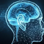 Visualizzazione astratta dell'intelligenza artificiale applicata alla medicina: una rete neurale luminosa sovrapposta a un'immagine stilizzata del cervello umano, con dati medici che fluiscono. Prime lens, 24mm, depth of field, duotone blu e argento.