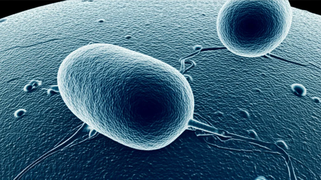Visualizzazione fotorealistica di cellule di Blastocystis spp. osservate al microscopio elettronico, con dettagli elevati sulle strutture cellulari, obiettivo macro 105mm, illuminazione drammatica per evidenziare la complessità del parassita intestinale in pazienti immunocompromessi.