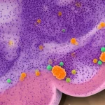 Visualizzazione scientifica astratta del fegato umano con diversi stadi di fibrosi (da F0 a F3), sovrapposta a molecole fluttuanti di sPD-1, sTIM-3, sLAG-3 e Galectina-3 nel plasma sanguigno circostante, stile fotorealistico con profondità di campo, obiettivo 35mm, illuminazione che evidenzia le differenze nei livelli molecolari.