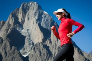 Atleta donna allenata (runner) su un sentiero di montagna a circa 4000 metri, luce naturale intensa del primo pomeriggio, teleobiettivo 200mm con fast shutter speed per catturare il movimento, focus nitido sull'atleta, sfondo montuoso imponente leggermente sfocato per dare profondità, cielo azzurro intenso tipico dell'alta quota.