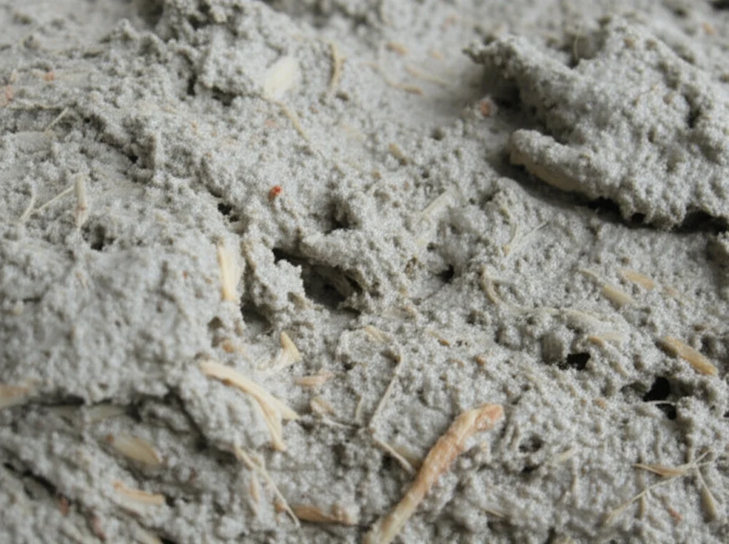 Close-up, macro lens, 60mm, of a freshly mixed bio-mortar sample with visible beige sisal fibers embedded within the wet grey cementitious matrix, high detail, precise focusing, controlled lighting, emphasizing the composite nature of the material.