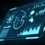 Conceptual image: Digital interface overlaying medical data points, representing machine learning analysis for diabetic kidney disease risk, wide angle 24mm